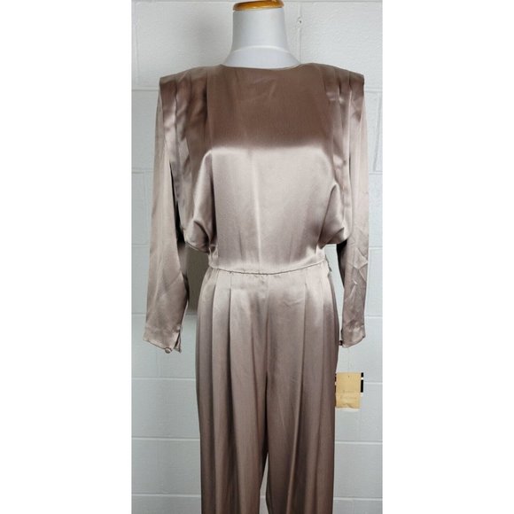 Vintage NWT Morgan Taylor Satin Champagne Taupe Open Back Jumpsuit Sz 8 - Picture 2 of 15